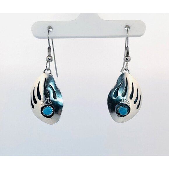 Estate Sterling Silver Bear Paw Turquoise Gem Dangle Earrings 925 Native Style - Picture 1 of 8